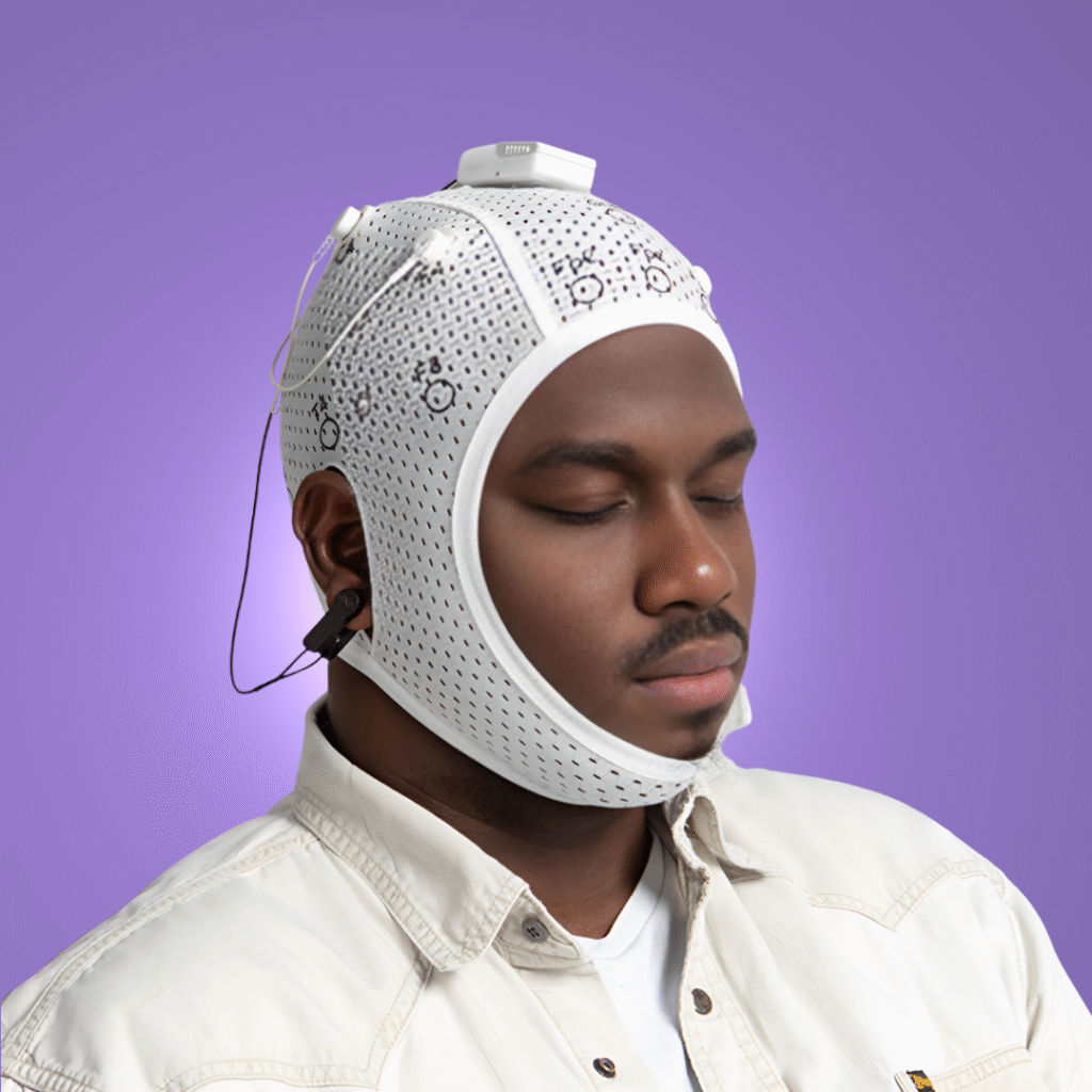 Man Wearing BrainBit Flex8 Cap with Eyes Closed