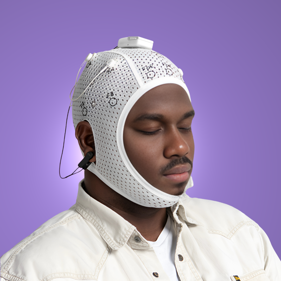 Man Wearing BrainBit Flex8 Cap with Eyes Closed